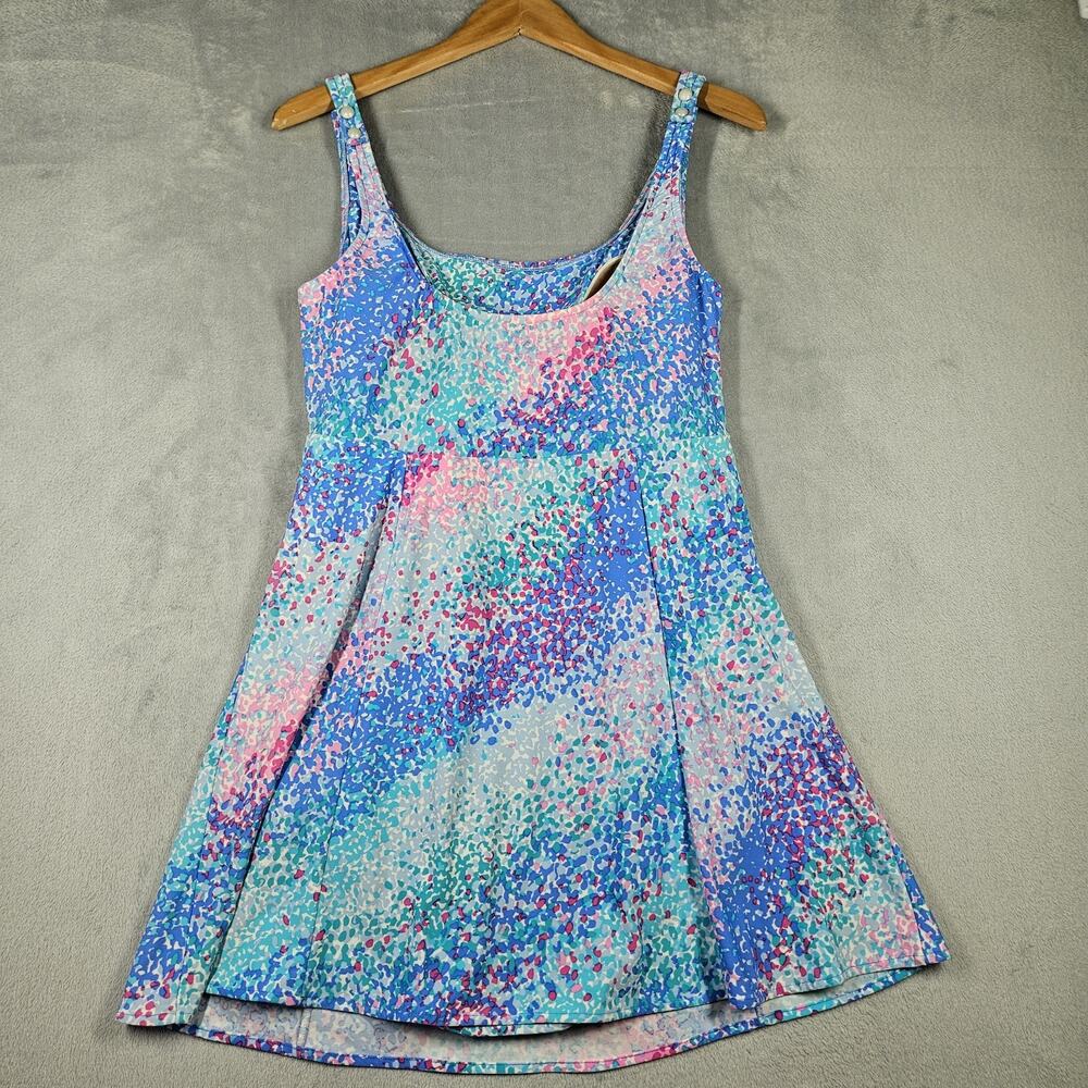 Vintage Sea Waves Swim Dress Womens Size 18 Multicolor Pink Blue Preppy Beach - Picture 7 of 13